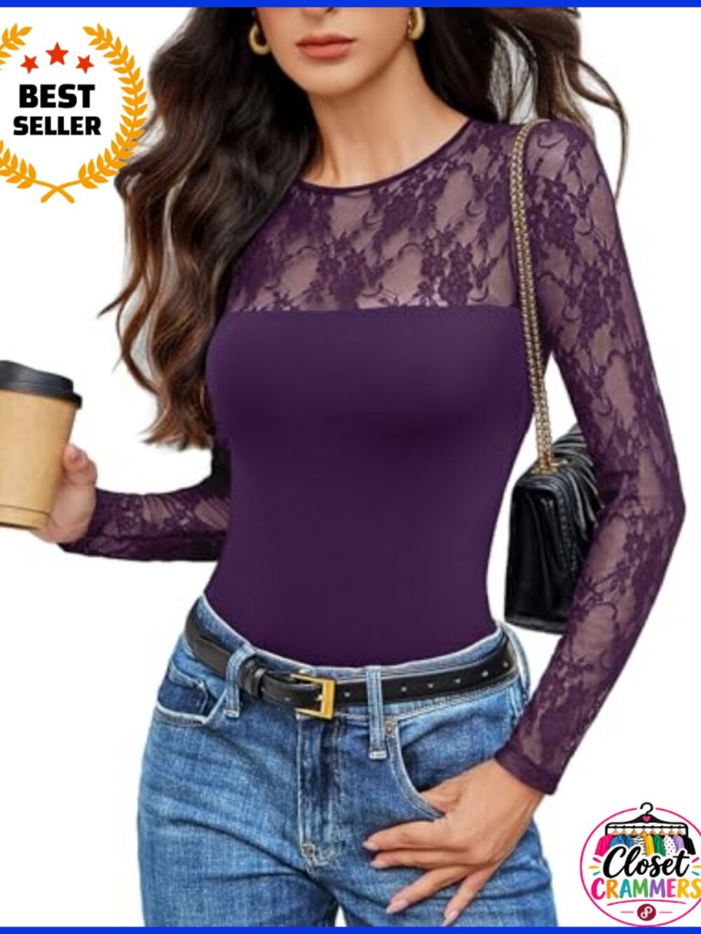 Lace Long Sleeve Bodysuit Crew Neck Slimming Going Out Top
